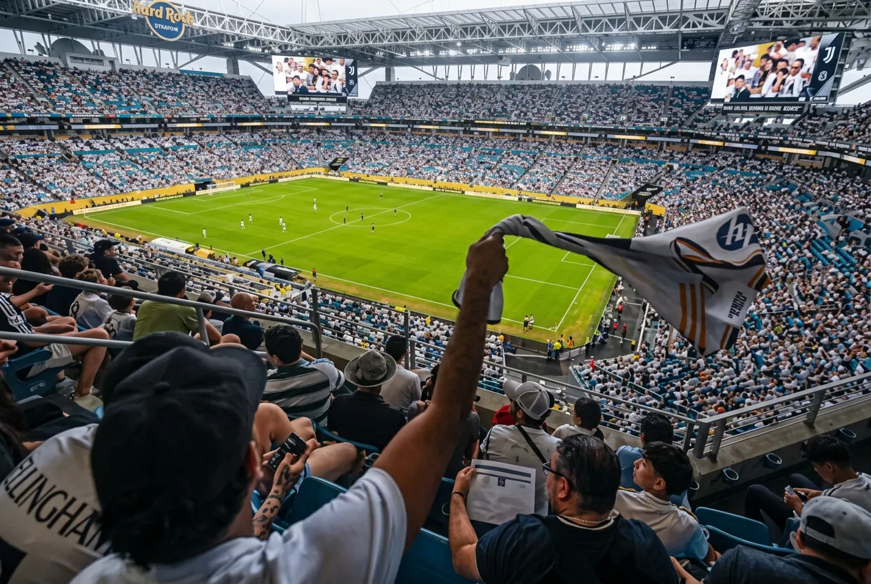 Supporters celebrating in the stands with the pitch below