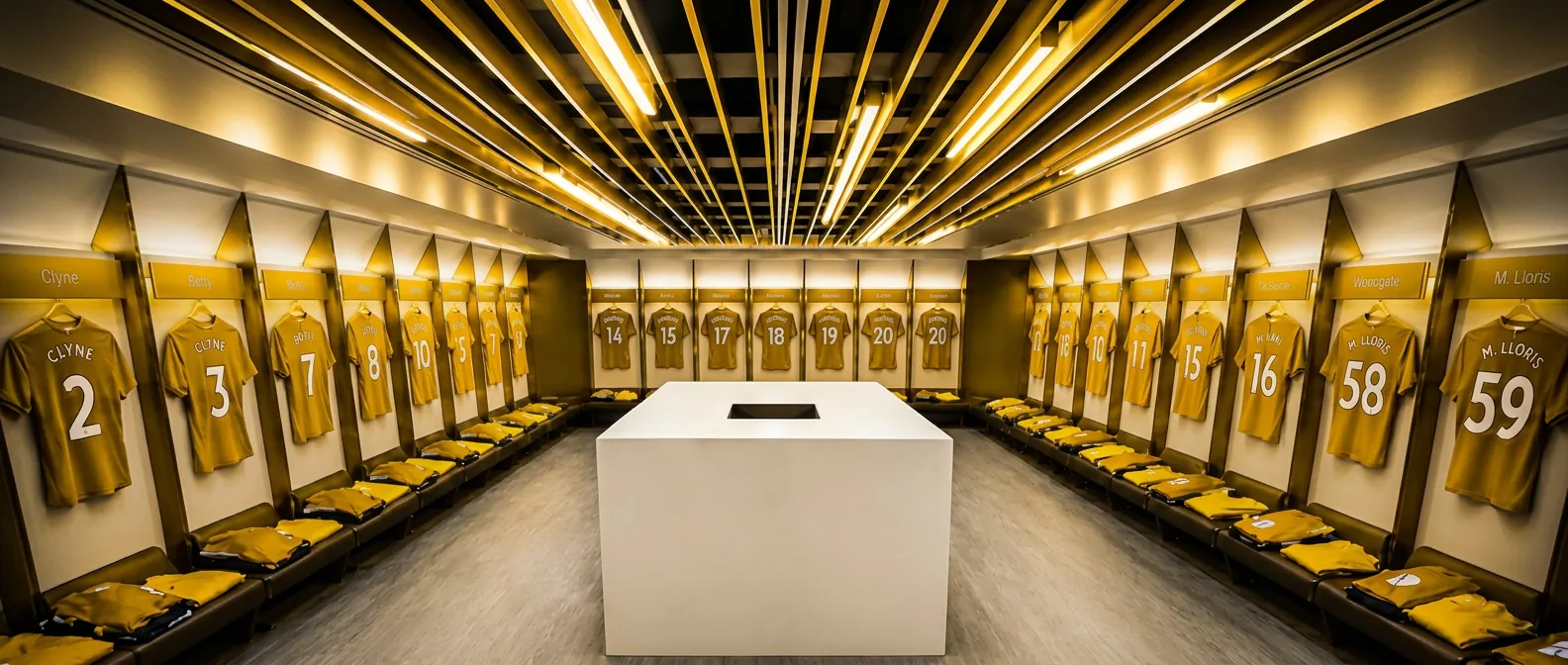 Home dressing room with shirts hung in every bay before kick-off