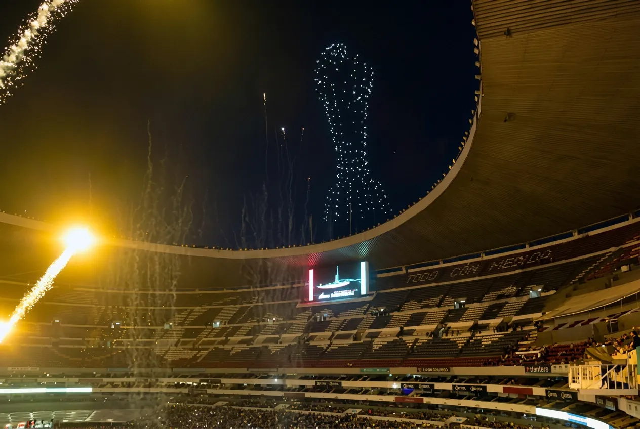 Fireworks and flares lighting up a stadium at night