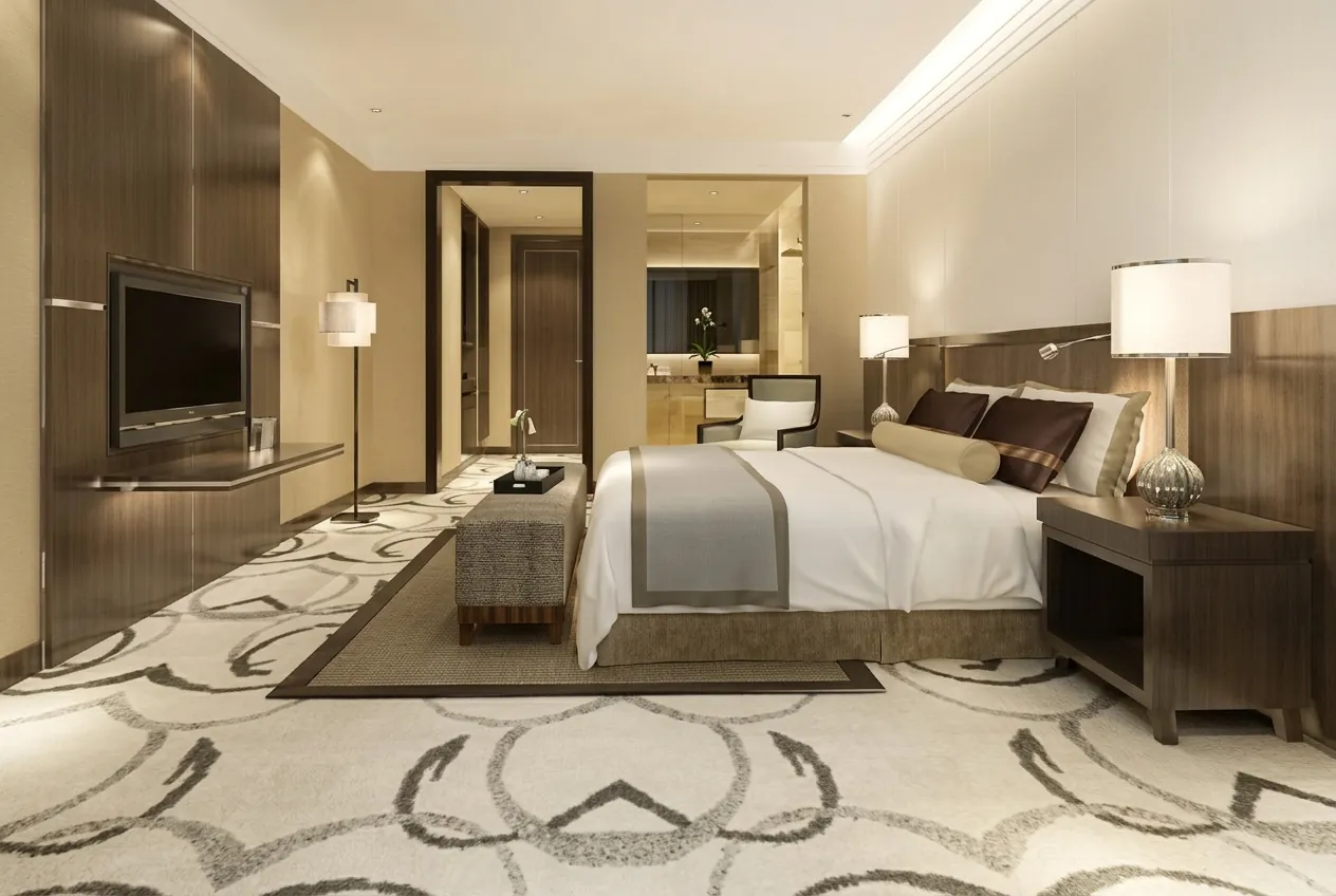 Five-star hotel suite with warm lighting and a king-size bed